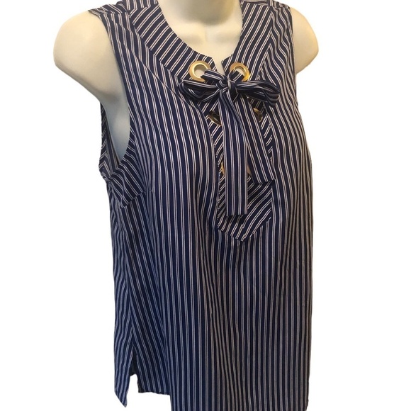 Michael Michael Kors Striped Nautical Blouse Sz. M Lace Up Sleeveless Blue - Picture 2 of 6